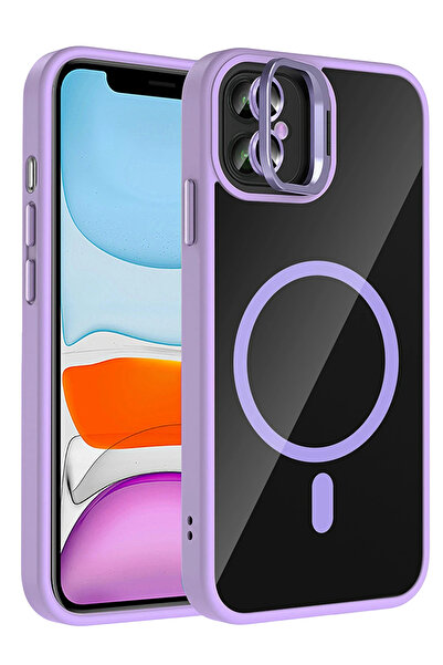 Fuchsia Apple iPhone 11 Remim Lensli Magsafe Standlı Kapak - Lila