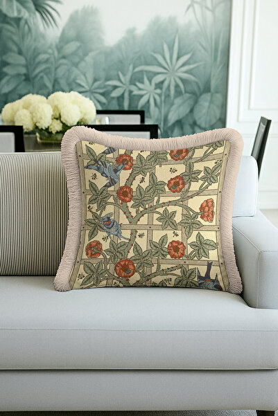 Evimde Bambaşka غطاء وسادة فاخر مزين بالريش - غطاء وسادة مزين بالشراشيب باللون الأصفر الريفي من Vintage Garden