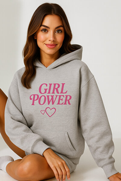 CLASSY.MODA Women's Hooded Kangaroo Pocket Oversize Sweatshirt with Front Girl Power Lettering Casual Daily Style