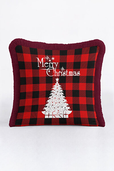 Evimde Bambaşka غطاء وسادة فاخر بنمط الكاروهات وتصميم عيد الميلاد مع شراشيب -...