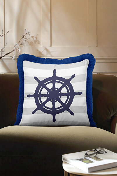 Evimde Bambaşka Nautical Marine Fringed Pillowcase - Sailor Style Navy Blue W...