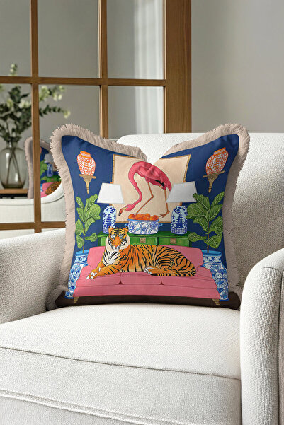 Evimde Bambaşka Husă de pernă cu franjuri cu figurină de tigru tropical bogat...