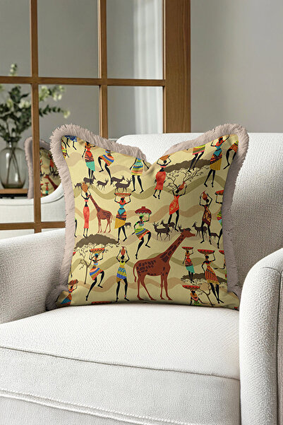 Evimde Bambaşka غطاء وسادة مزين بشراشيب بنمط أفريقي - غطاء وسادة مزين بشراشيب...