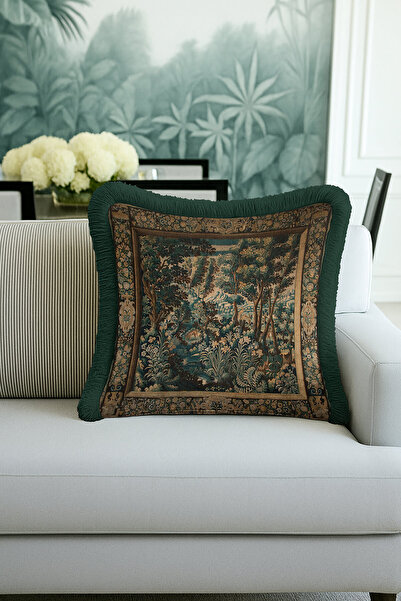 Evimde Bambaşka Avangart Vintage Orman Lüx Saçaklı Yastık Kılıfı-Orman Manzaralı Avangard Püsküllü Kırlent Kılıfı