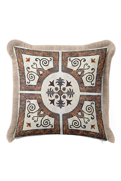 Evimde Bambaşka غطاء وسادة فاخر بحواف مزخرفة من موزايك بني - غطاء وسادة كلاسي...