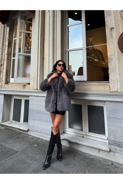 maf collection Women's Gray Lined Snap Button Detail Coat