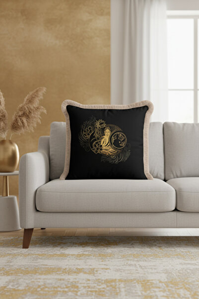 Evimde Bambaşka غطاء وسادة بودا لوتس ذو اللون الذهبي - غطاء وسادة مزين بشراشيب باللون الأسود الكريمي بنمط بوهيمي