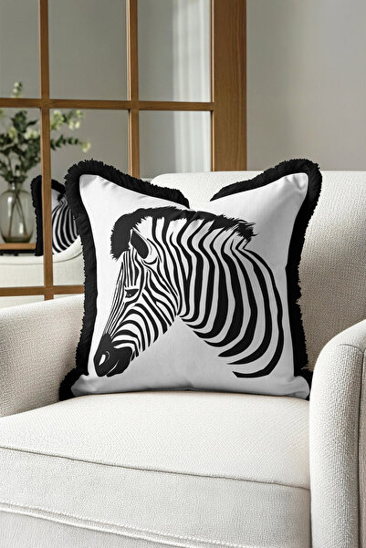 Evimde Bambaşka Zebra Figürlü Saçaklı Yastık Kılıfı - Monokrom Safari Modern Siyah Kenarlı Püsküllü Kırlent Kılıfı