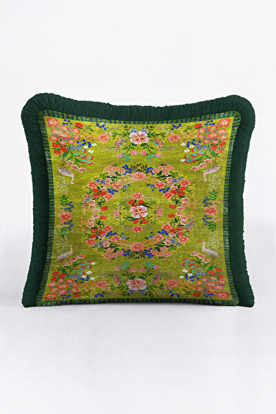 Evimde Bambaşka غطاء وسادة فاخر مزين بزخارف الطيور والزهور على طراز الباروك - غطاء وسادة مزين بنمط حديقة الزهور مع شراشيب