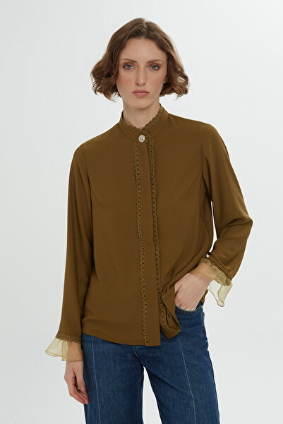 kı.we Ön Pat Dantel Detaylı Kol Ucu Şifon Yeşil Gömlek