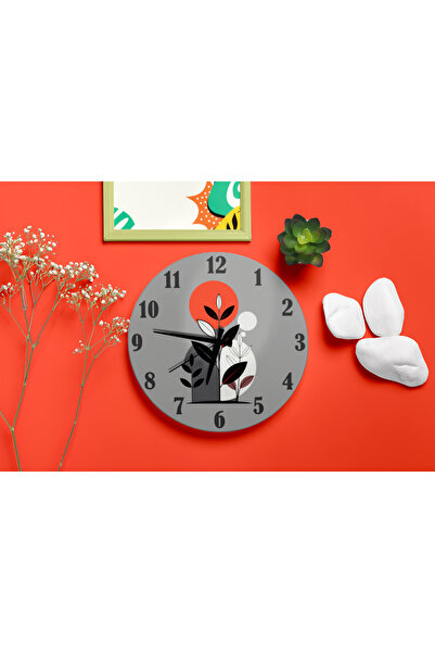 M&H Quality Wall Clock Minimal Leaf Pattern Silent Mechanism Gray Orange 40 cm