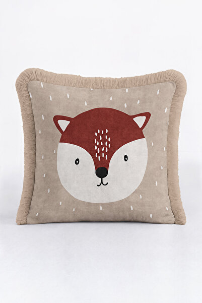 Evimde Bambaşka Husă de pernă cu franjuri pentru camera copiilor cu figurină de vulpe drăguță - Husă de pernă cu franjuri maro rustic