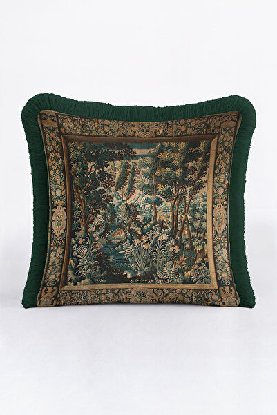 Evimde Bambaşka Avangart Vintage Orman Lüx Saçaklı Yastık Kılıfı-Orman Manzaralı Avangard Püsküllü Kırlent Kılıfı