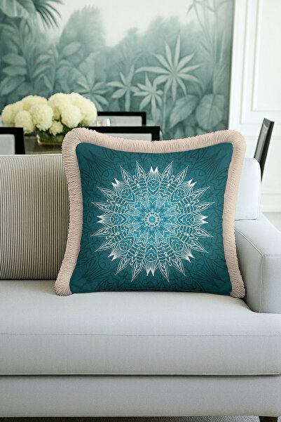Evimde Bambaşka غطاء وسادة ماندالا أزرق مزين بشراشيب - غطاء وسادة مزين بشراشيب من الفرو الاصطناعي باللون الفيروزي على الطراز البوهيمي العرقي