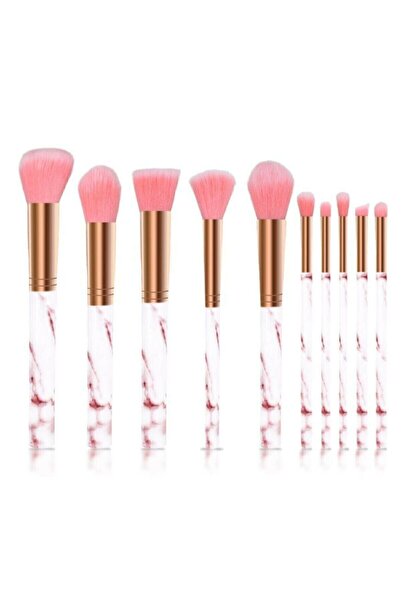 AİLY COSMETİCS Aily 10'lu Mermer Desenli Makyaj Fırça Seti Pembe Uçlu