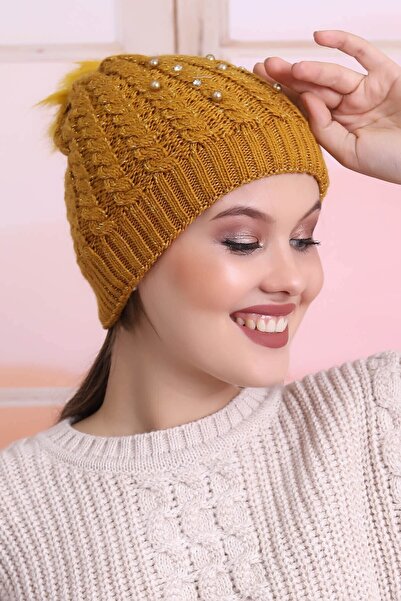 Deafox Mustard Colored Stoned Knitted Pattern Beret