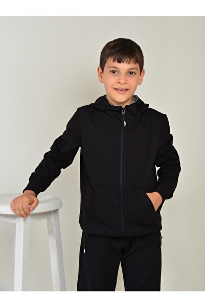 KİDSPİTİRCİK Unisex Παιδική μαύρη κουκούλα με φερμουάρ 2 κλωστών χτενισμένη β...