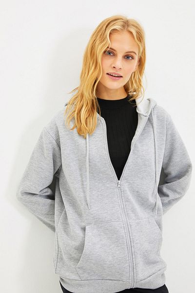 Trendyol Collection Γκρι με κουκούλα Oversize/Φαρδιά Εφαρμογή με φερμουάρ χοντρό φλις εσωτερικά πλεκτό φούτερ TWOAW21SW0840