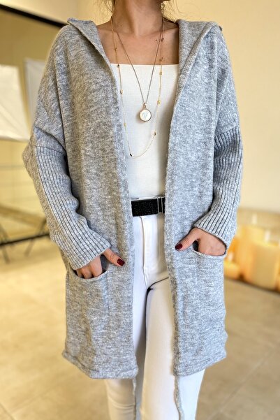 FEMELLE Women's Gray Bat Sleeve Double Pocket Hooded Loose Loose Oversize Long Knitwear Cardigan