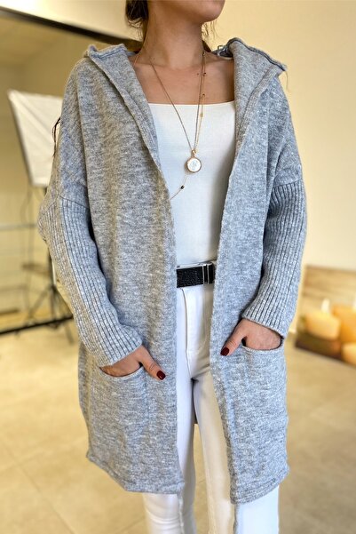 FEMELLE Women's Gray Bat Sleeve Double Pocket Hooded Loose Loose Oversize Long Knitwear Cardigan