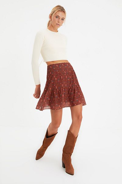 Trendyol Collection Brauner, gewebter Rock mit Blumenmuster TWOAW20ET0592