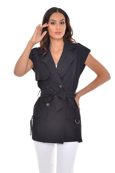 DISENTIS MODEST Mono Collar Windbreaker Flap Pocket Epaulets Self Belted Double Breasted Black Vest