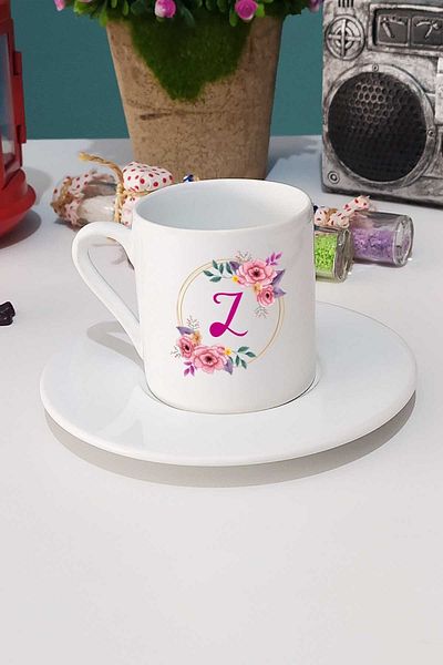 Hedizu Letter Z Floral Print White Pen and Cup Turkish Coffee