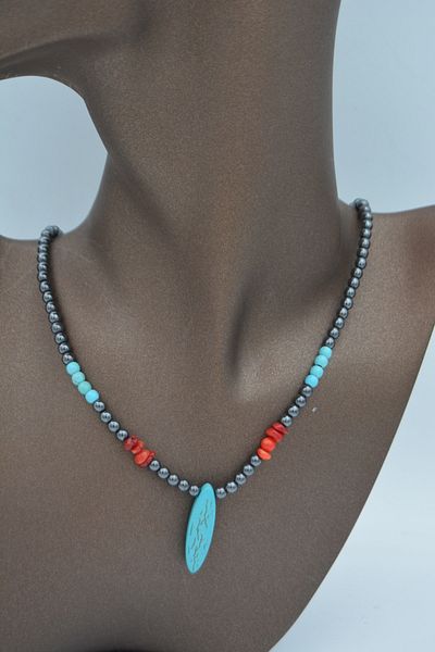 Stoneage Hematite Turquoise and Coral Necklace