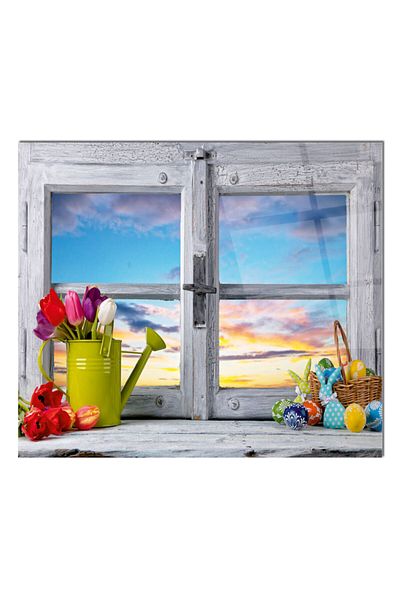 Olinpa 60X52 cm Glass Stove Back Protector - Countertop and Tulips