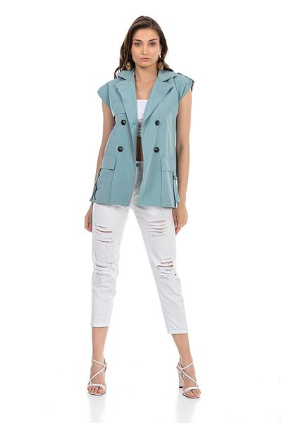 DISENTIS MODEST Mono Collar Windbreaker Flap Pocket Epaulets Self Belted Double Breasted Mint Green Vest