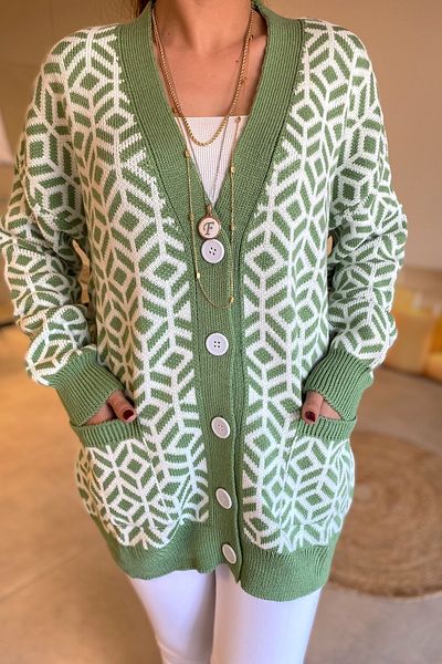 FEMELLE Cardigan lung supradimensionat cu buzunar dublu cu model geometric verde pentru femei
