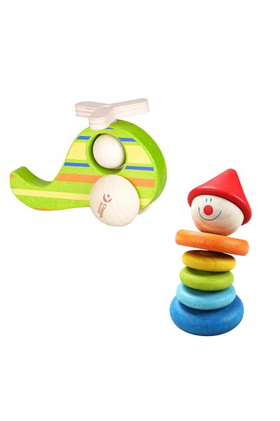 Classic World Calimeratoys Wooden Clown Rattle & Helicopter Toy Set of 2