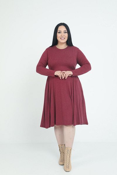 DISENTIS MODEST Plus Size Round Neck Pocket Waist Side Gathered Wool Viscose Midi Burgundy Dress