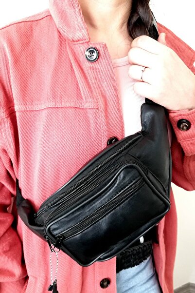 NahitaTyana Siyah Hakiki Deri Freebag Bel Çantası