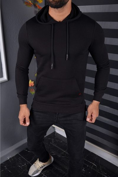 Tanzanit Men's Black Hooded Unzippered Kangaroo Pocket Quality and Stylish Sweatshirt Autumn Winter