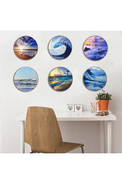 CajuArt 6 bucăți de pictură murală rotundă modernă cu tematică Sea Wave
