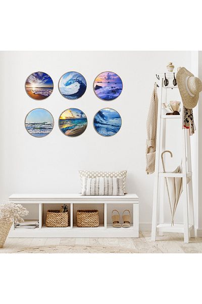 CajuArt 6 bucăți de pictură murală rotundă modernă cu tematică Sea Wave