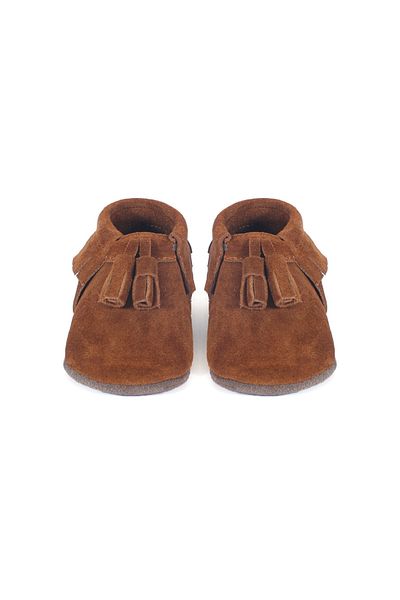 YoYo Junior Genuine Leather Tan Suede Baby Booties with Pompon Detail