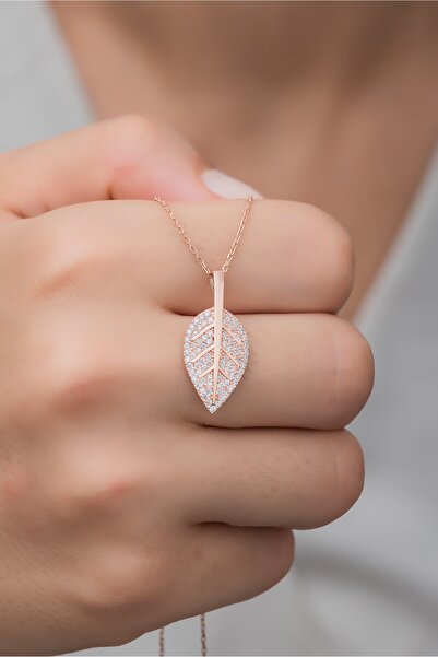 Nereze 925 Ayar Gümüş Rose Zirkon Taşlı Yaprak Kolye