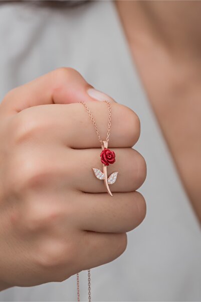 Nereze 925 Ayar Gümüş Rose Zirkon Taşlı Gül Kolye