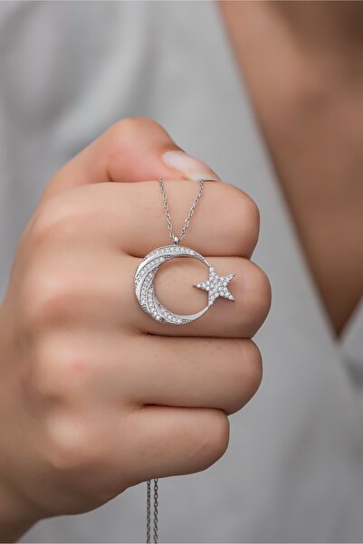 Nereze 925 Ayar Gümüş Beyaz Zirkon Taşlı Ay Yıldız Kolye