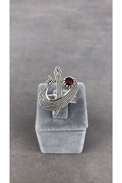 BEY SİLVER Telkari Yakut Taşlı Elif Vav Parmak Izi Gümüş Kadın Yüzük