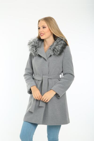 Lalezar Kadın Gri Kapüşonlu Kaban