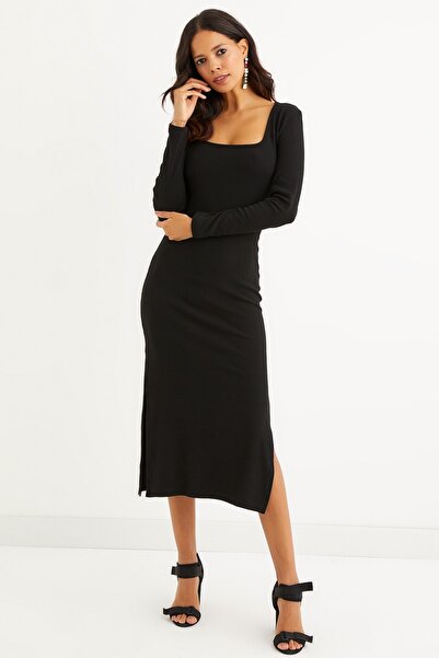 Cool & Sexy Kadın Siyah Kare Yaka Çift Yırtmaçlı Midi Elbise Yİ2360