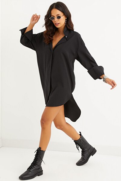 Cool & Sexy Kadın Siyah Gizli Düğmeli Tunik Gömlek Elbise SF1292