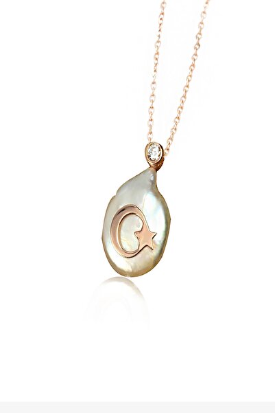 Silver And Silver Kadın 925 Ayar Gümüş Rose Doğal İnci Ay Yıldız Kolye DGLINC...