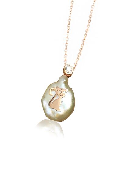 Silver And Silver Kadın 925 Ayar Gümüş Doğal İnci Kedi Kolye DGLINCIKDI-7