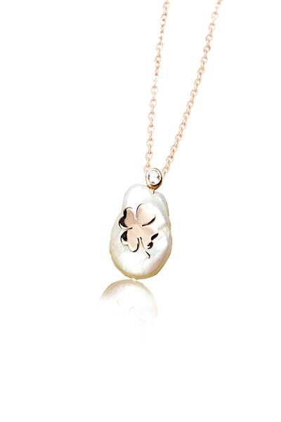 Silver And Silver Kadın 925 Ayar Gümüş Rose Doğal İnci Yonca Kolye DGLINCYNC-3