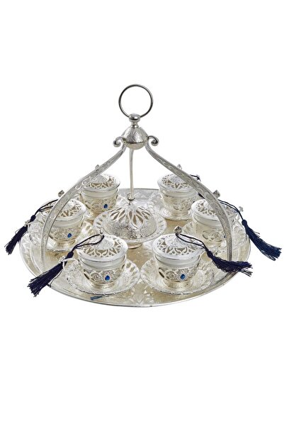 Miajima 6 Kişilik Askılı Kahve Fincan Takım Seti & Şekerlik Gümüş Renk Döküm