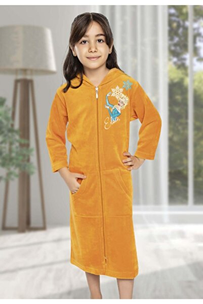 ESRATEKS Sarı Kadife Önü Fermuarlı Kapüşonlu Baskılı Çocuk Elbise